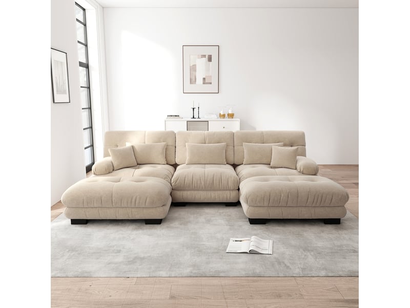  Canapé modulable u 313x145x81 cm, convertible 3 places, pouf, assise généreuse, chenille, beige clair  - Conforama B