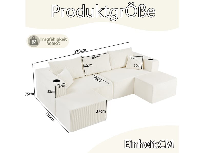  Canapé d'angle modulaire tcqpz 3 places en cordon beige avec ottomans mobiles, porte-gobelets, poches latérales et coussins  - Conforama C