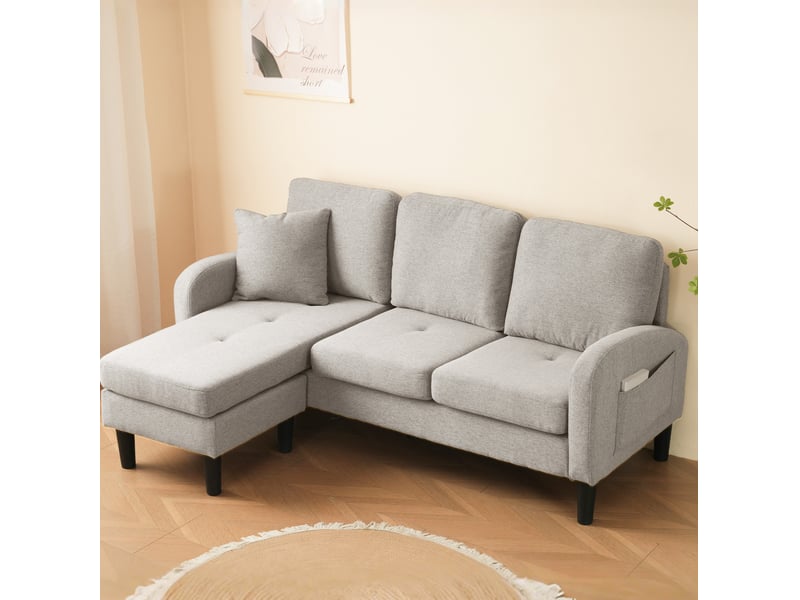  Canapé d'angle modenvie modulable 3 places avec méridienne réversible 166 x 118 x 77 cm coton et lin beige gris blanc  - Conforama D