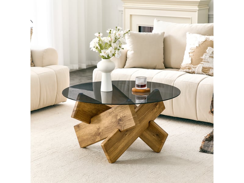  Table basse ronde en verre 79 cm - base effet bois - hauteur 45 cm - moderne  - Conforama D