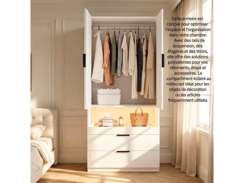  Armoire 2 portes avec miroir et éclairage led intégré, finition chêne, 90x47x200 cm  - Conforama C