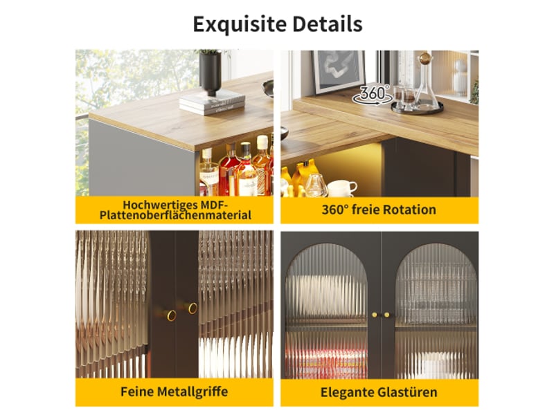 Table de bar pivotante à 360° (198 × 39,6 × 97 cm) avec éclairage led. Design noir mat et bois, avec porte en verre.  - Conforama R