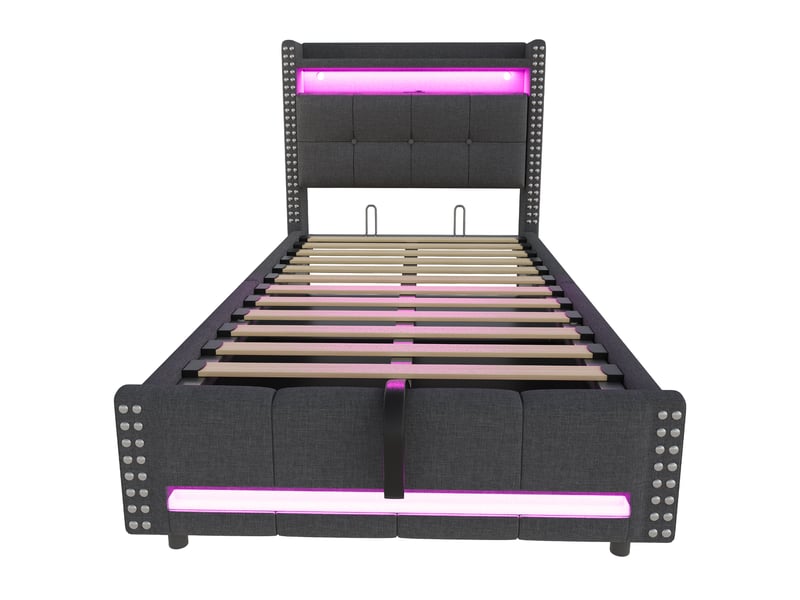  Lit enfant 90x200 cm tête-rangement usb intégré led changeante coffre design moderne tissu lin gris sans matelas  - Conforama E