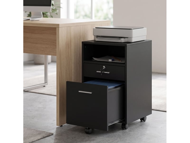  Caisson de bureau mobile noir en mdf, 2 tiroirs dont 1 verrouillable, 5 roulettes, 40 x 40 x 65 cm  - Conforama E