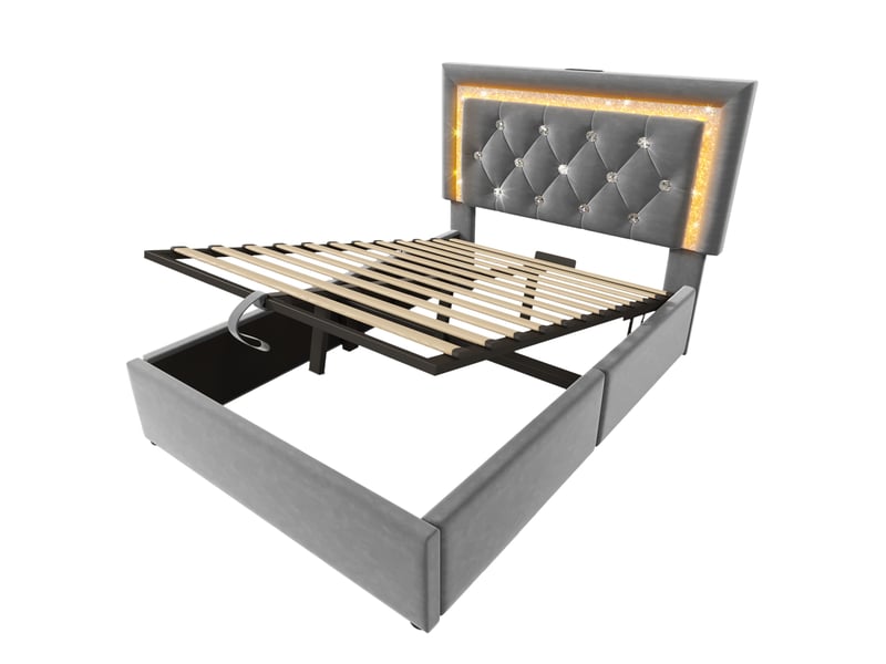 Lit coffre adulte 90x200 cm – gris – rangement hydraulique, led et charge usbtype-c avec matelas inclus - Conforama D