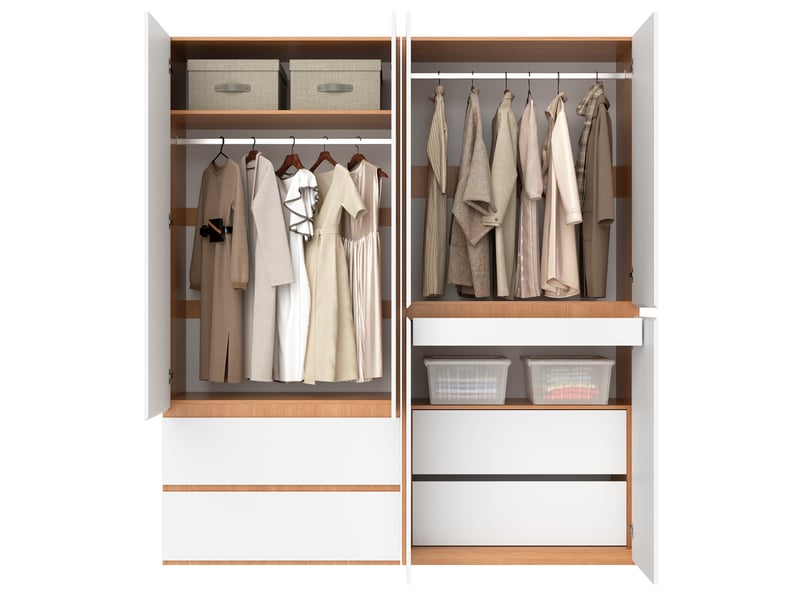  Armoire 6 portes avec 2 penderies et 5 tiroirs pour chambre, en mdf et panneaux de particules, blanc, 180 × 50 × 200 cm  - Conforama A