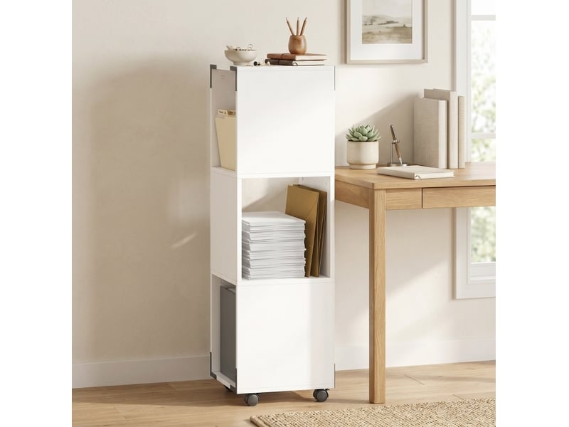  Caisson de bureau mobile à roulettes 33,5 x 33,5 x 111 cm blanc, 3 niches et tablette imprimante  - Conforama B