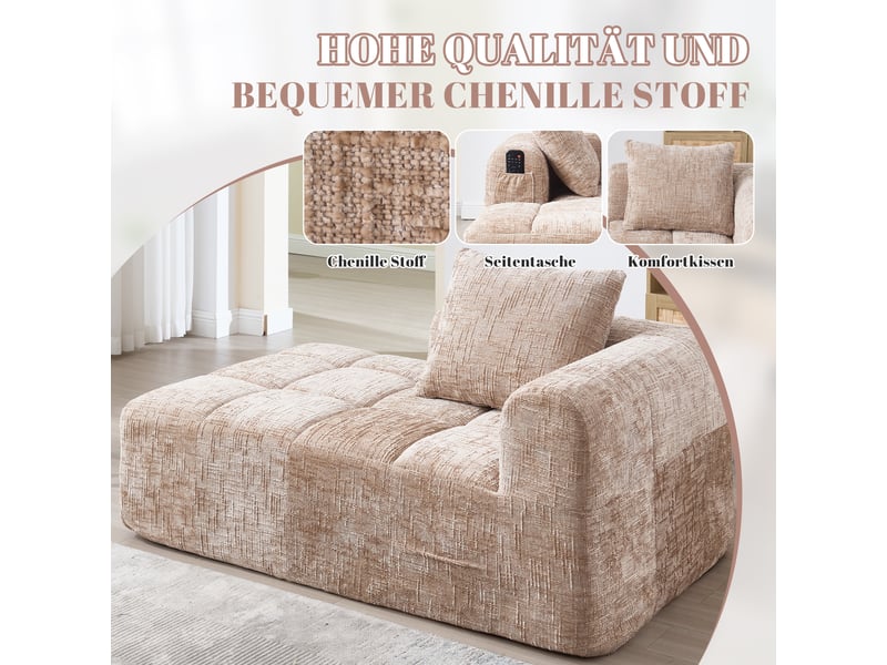  Canapé méridienne en chenille couleur kaki avec coussin inclus et poches latérales pratiques  - Conforama W