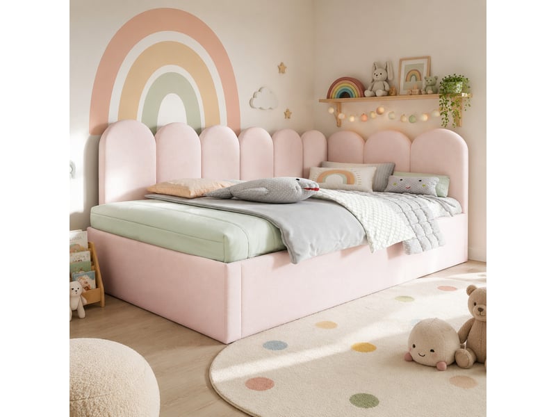  Lit enfant gigogne 90x200 cm avec couchage 90x190 cm, velours rose  - Conforama C