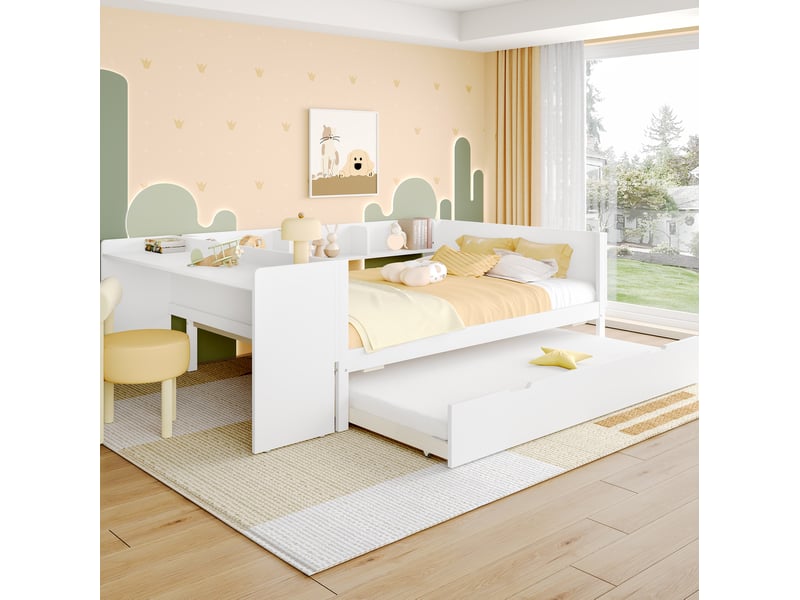  Lit gigogne 140x200 cm avec bureau, lit gigogne et rangements bois et panneau de particules blanc sans matelas  - Conforama B
