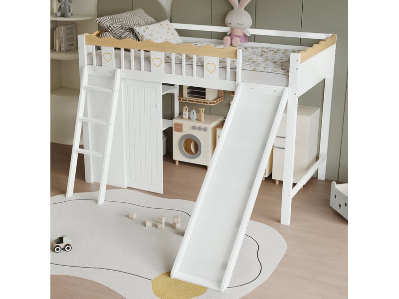  Lit mezzanine enfant 90x200 cm, toboggan, armoire et meuble de rangement, structure mdf, blanc et naturel, sans matelas  - Conforama D