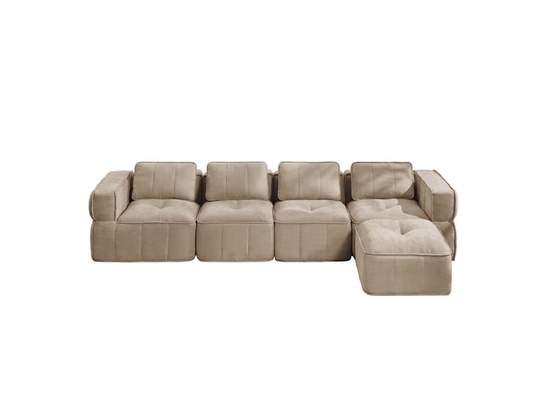  Canapé d'angle modulaire 4 places sans cadre avec pouf, assise profonde et mousse 32d, en polyester beige  - Conforama A