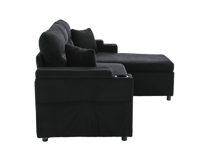  Canapé convertible 3 places en velours côtelé noir avec usb-c  - Conforama R
