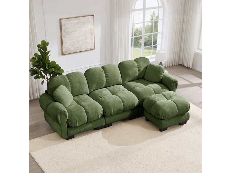  Canapé 3 places d'angle l vert en chenille avec pouf mobile - 260x149x90cm  - Conforama W