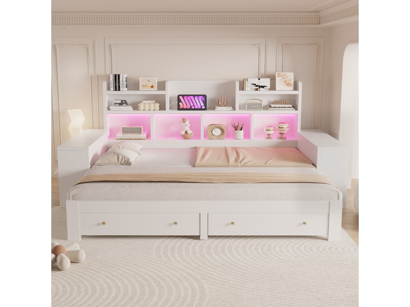 Canapé-lit convertible 90/180x200 cm, rangements multiples, led et prise, blanc, sans matelas - Conforama R