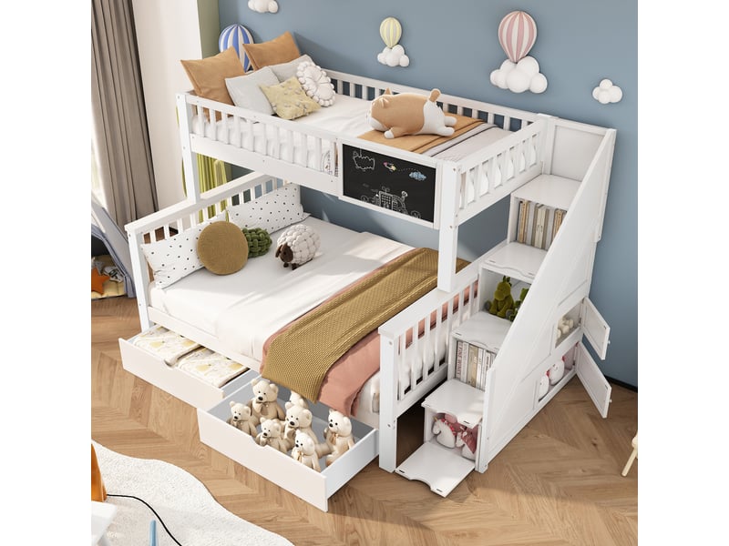  Lit superposé enfant 90x200 + 140x200 cm - avec rangement et tableau - sans matelas - blanc  - Conforama B