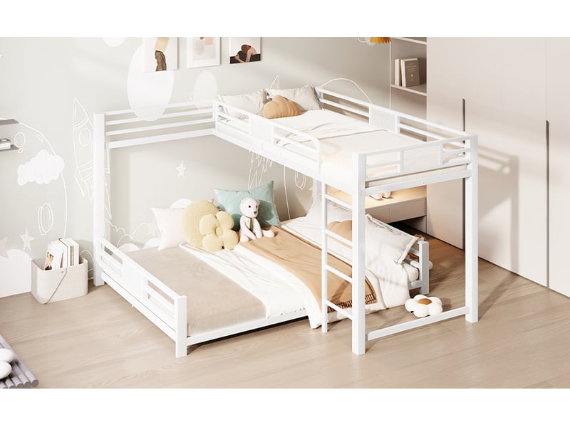  Lit superposé en l 90 × 200 et 140 × 200 cm, structure métallique, sommiers à lattes et barrières, coloris blanc  - Conforama B