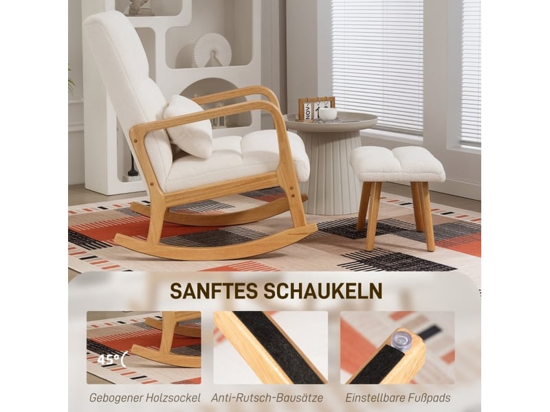 Fauteuil à bascule avec repose-pieds, mouvement 90°-130°, dossier haut et accoudoirs, en bois et polaire blanc - Conforama E