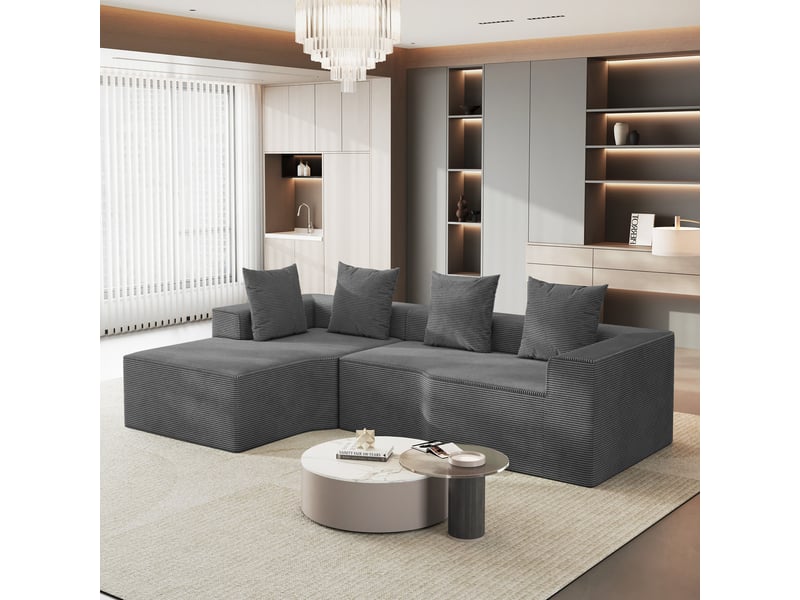 Canapé d'angle gauche modulaire 3 places compressé en velours côtelé,mousse haute densité,sans assemblage,canapé de salon,270x152x59cm,gris 270x152x59CM - Conforama B