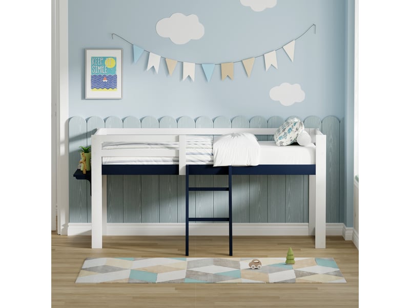  Lit mezzanine 90x200 cm, structure en pin massif, coloris bleu, échelle fixe, garde-corps, sommier à lattes inclus, sans sommier tapissier  - Conforama E