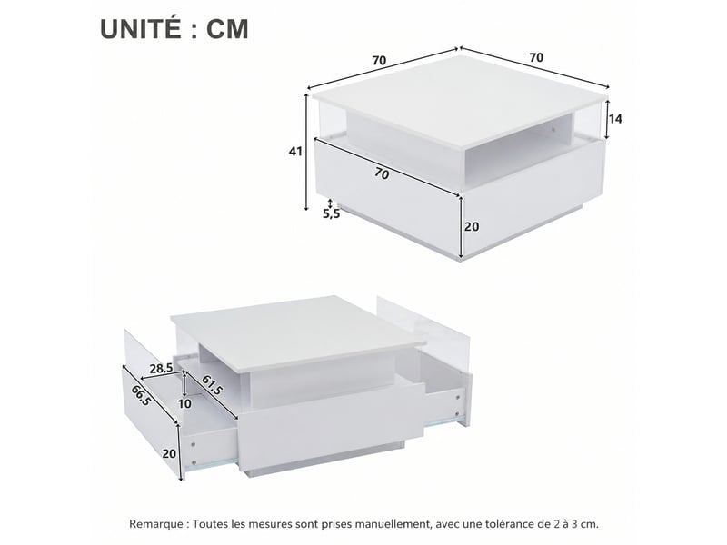 Table basse led blanche avec 2 tiroirs, vitrine acrylique, plateau brillant, 70 x 70 x 41 cm, blanc  - Conforama E