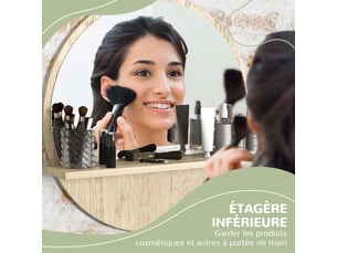 Miroir rond mural de salle de bain avec 1 étagère de rangement - panneau de particules - ø 45 x 10h cm