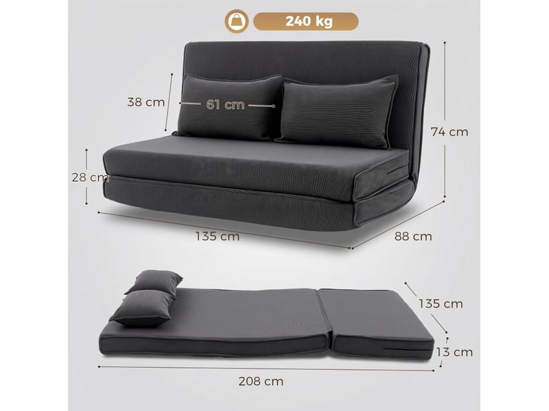  Canapé convertible au sol 2 places avec dossier réglable 5 positions et 2 coussins en velours côtelé gris foncé  - Conforama C