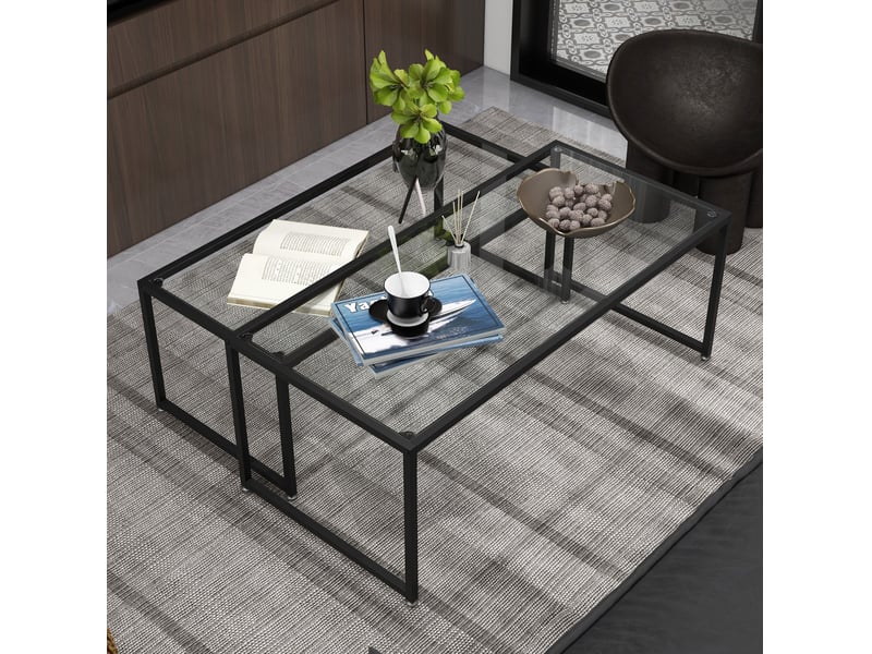  Tables basses gigognes 2 pièces empilables avec plateau en verre trempé et cadre en acier noir pour salon  - Conforama B