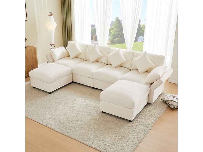 Canapé d’angle modulaire convertible en chenille beige avec 2 poufs - 284 x 156,5 x 86 cm - Conforama C