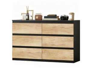 Commode en bois à 6 tiroirs pour chambre à coucher, 120 x 39 x 75 cm, noir et chêne