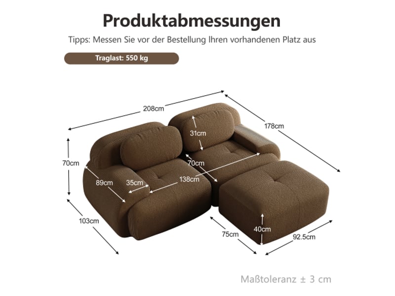 Canapé d'angle modulable 82'' en velours côtelé brun - sans cadre, accoudoirs courbés, montage facile, mousse élastique - Conforama C