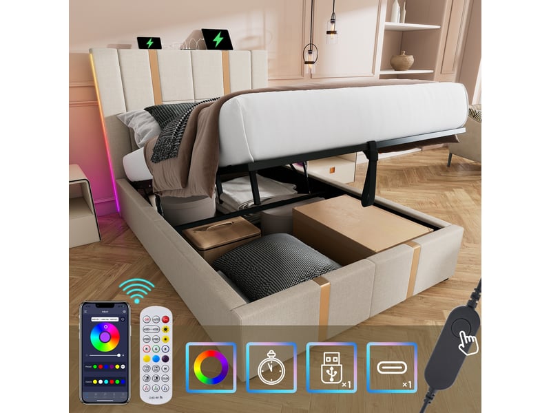 Lit coffre adulte 90x200 cm – beige – led rgb, usb et usb-c, contrôle par application, avec matelas - Conforama E