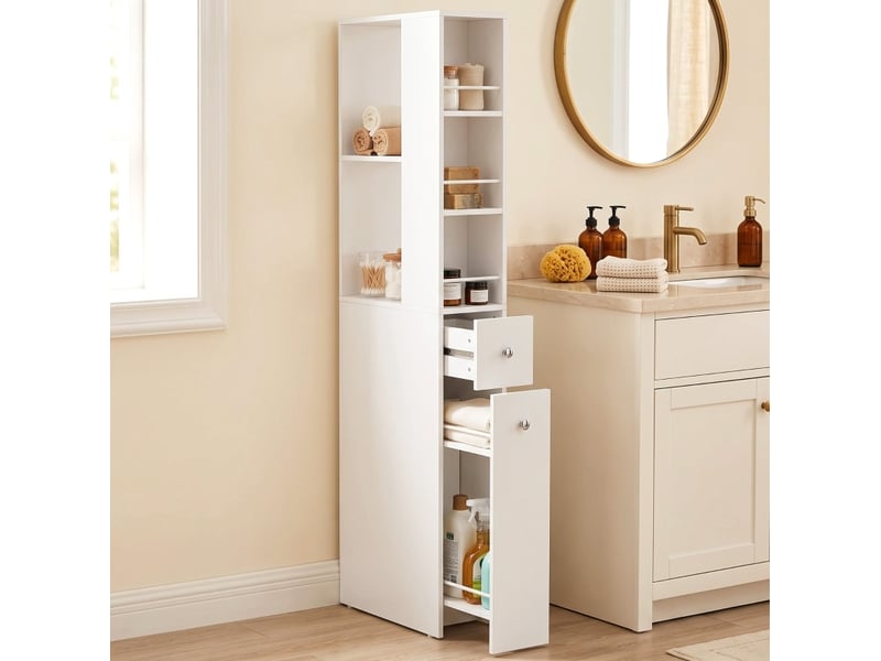  Colonne de salle de bain étroite en mdf peint blanc, 2 tiroirs, 18 x 40 x 135 cm  - Conforama B