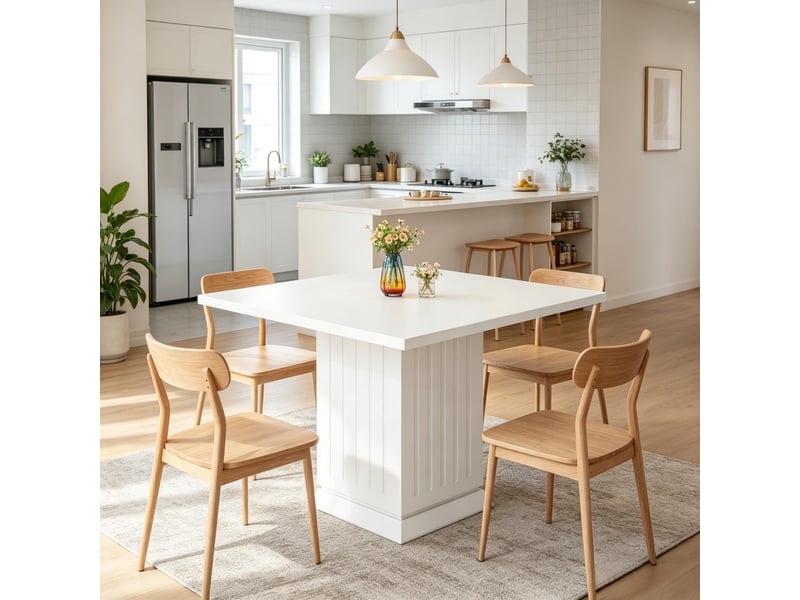 Table de salle à manger pour 4 personnes avec plateau carré et base en bois pour cuisine et salle à manger, blanche - Conforama B