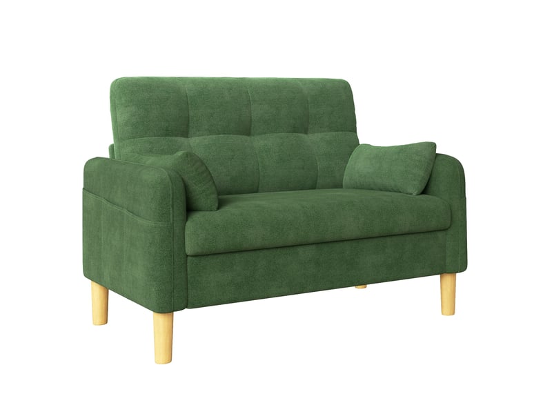 Canapé droit 2 places avec coussins amovibles et poche latérale, en chenille vert, 119 × 78 × 85 cm - Conforama A
