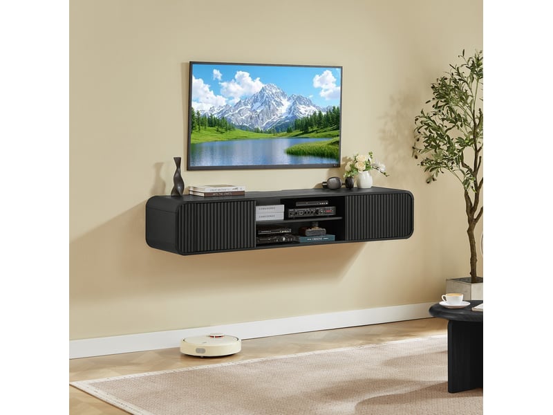  Meuble tv mural avec 2 portes, 2 niches ouvertes et passe-câbles, pour salon ou chambre, noir, 160 × 38 × 30 cm  - Conforama C