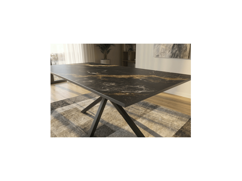  Table solara 160 cm en céramique noire effet marbre sable avec pied étoile – 6 places  - Conforama E