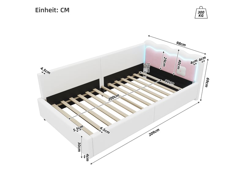  Lit banquette 90x200 cm, doté de tête de lit et d'éclairage led, mdf blanc, sans matelas  - Conforama C