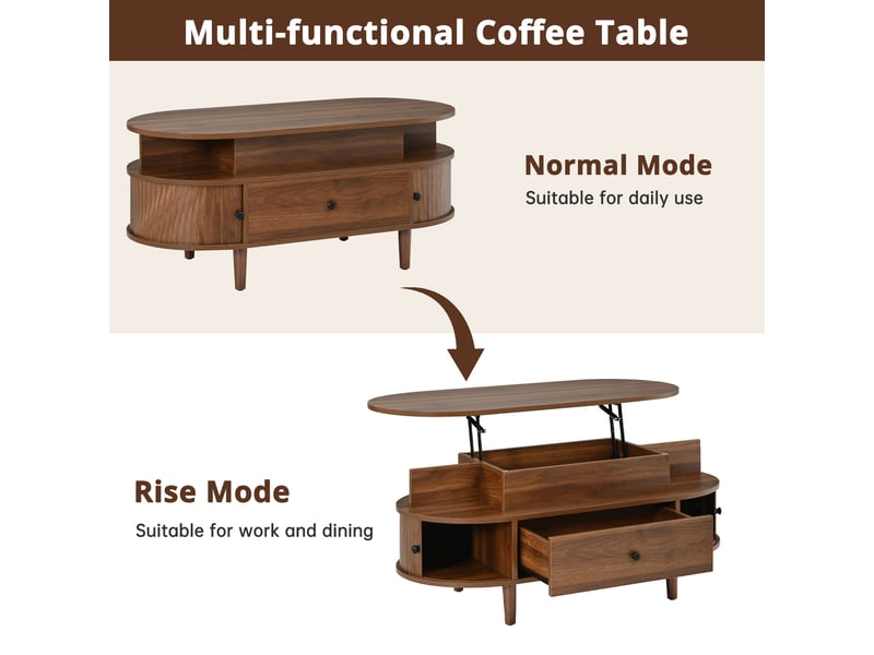 Table basse relevable ovale avec tiroir, 2 étagères et 2 portes coulissantes pour salon en mdf 105×50×60,5 cm noyer - Conforama E