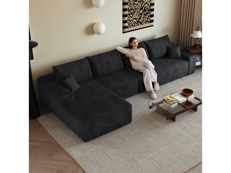  Canapé d'angle modulable noir 4 places velours côtelé avec méridienne en l - 340 cm assise profonde  - Conforama B