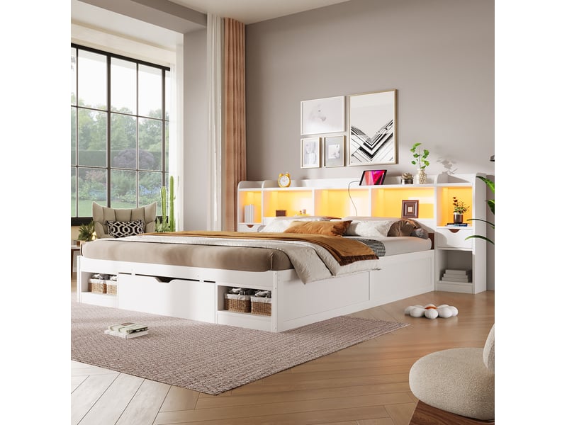  Cadre de lit plateforme 180 x 200 cm blanc avec rangements, 3 tiroirs, led et port usb  - Conforama B