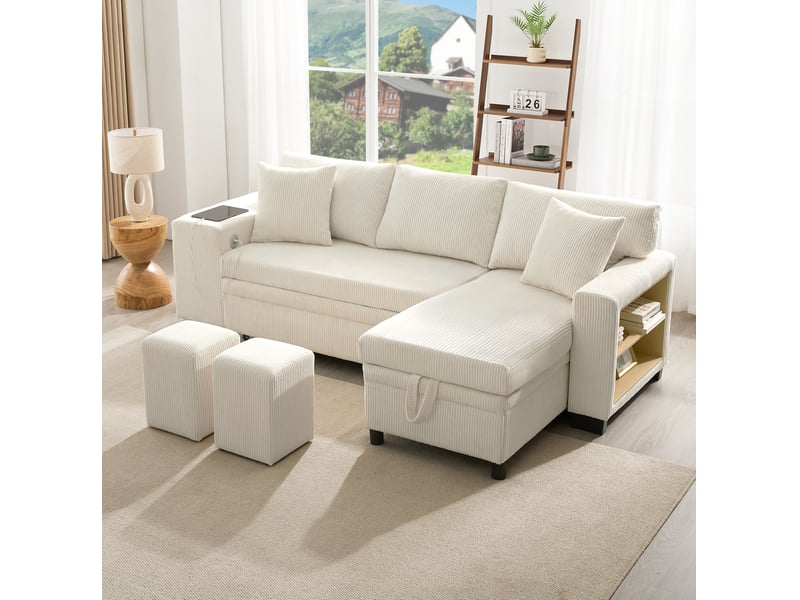 Canapé d'angle convertible modenvie 3 places velours côtelé beige rangement usb type-c 231 x 131,5 x 84 cm  - Conforama D