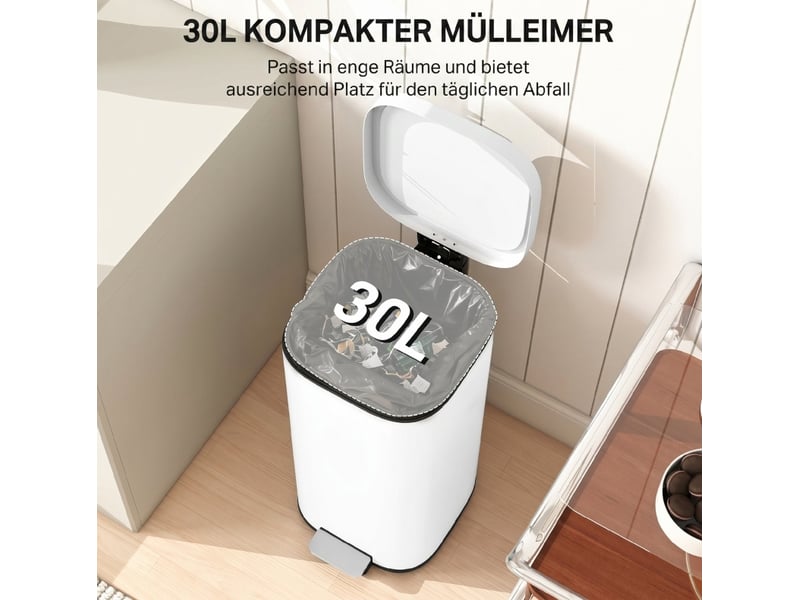  Poubelle de cuisine 30 l 36x29x59,5 cm à pédale avec couvercle fermeture douce métal blanc  - Conforama D
