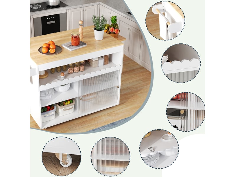 Desserte de cuisine 122 x 46 à 69 x 91 cm, blanc et naturel, mdf, plateau rabattable et portes coulissantes - Conforama E