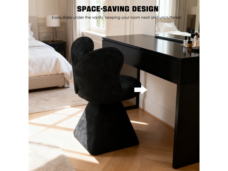  Fauteuil 46x45x76,2cm - chaise de coiffeuse pivotante 360° dossier papillon - avec paillettes et coussin nœud -chenille - noir  - Conforama E