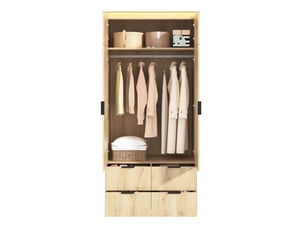 Armoire 2 portes avec miroir et led, 4 tiroirs et penderie en mdf bois clair 90 x 47 x 200 cm pour chambre