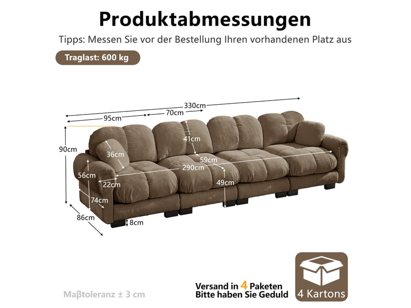  Canapé modulaire 4 places en tissu marron, coussins épais et accoudoirs élégants, idéal pour le salon  - Conforama C
