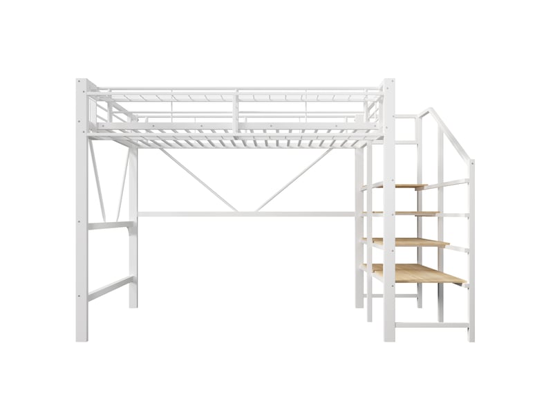  Lit superposé 140x200 cm, lit enfant, rangement, étagères, led, bois et métal blanc  - Conforama B