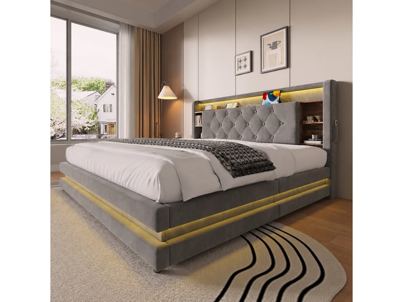 Lit coffre 160 x 200 cm en velours avec tête de lit à rangements, led, usb et type-c, sommier relevable, gris foncé - Conforama D