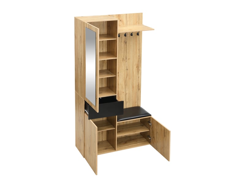  Vestiaire d’entrée avec 5 patères, miroir, meuble à chaussures, tiroirs, étagères et banc  - Conforama E